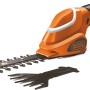 Cesoia a batteria arancio e nera con accessorio per tagli precisi.