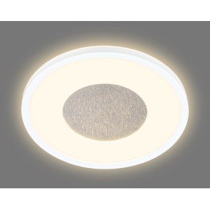 Plafoniera LED bianca t.b.t. con forma rotonda e centro grigio.