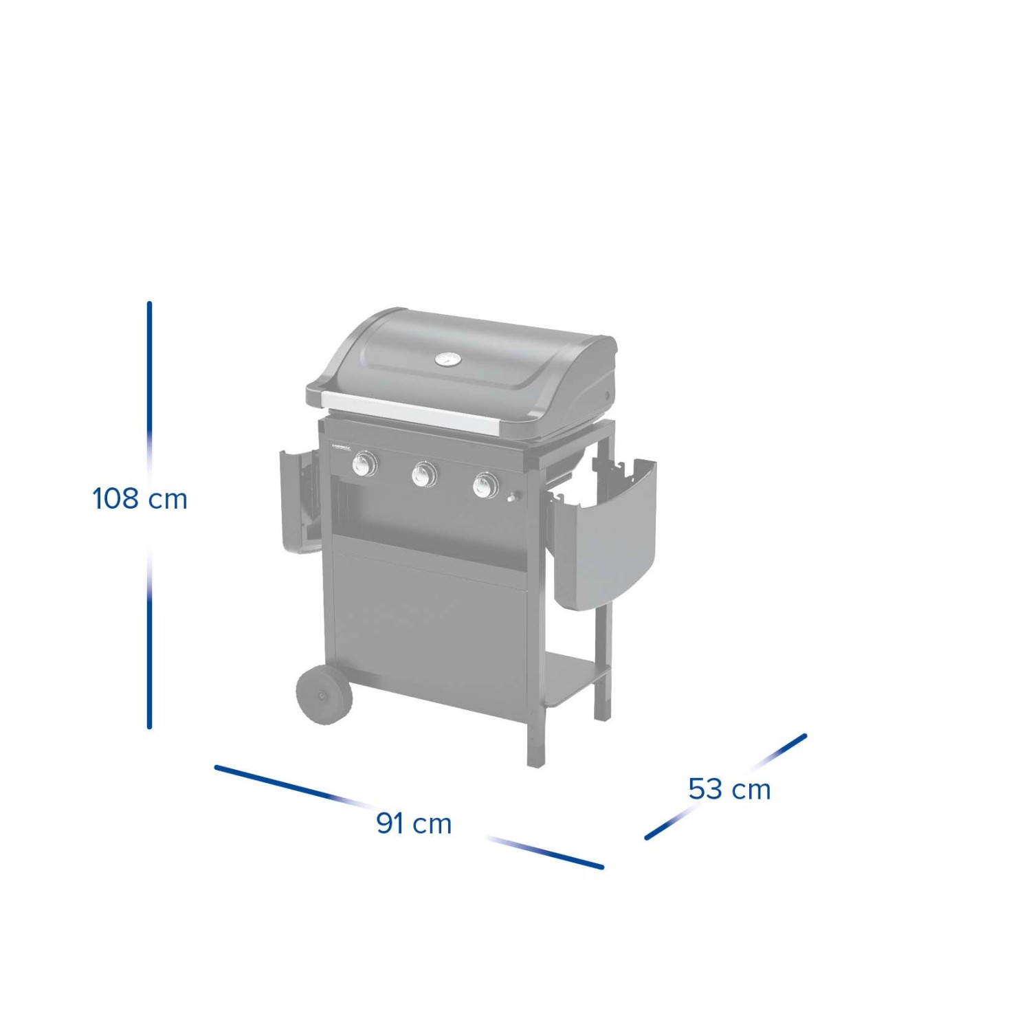 Illustrazione di un barbecue a gas t.b.t. con dimensioni di altezza, larghezza e profondità.