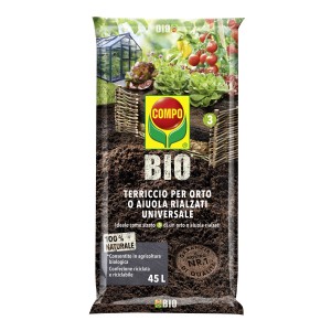 Sacco di terriccio COMPO BIO per aiuole rialzate, 45L, con immagine di verdure e serra.