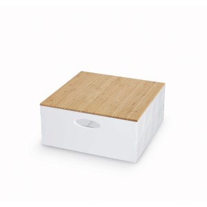 Contenitore bianco con coperchio in bambù. Soluzione pratica per riporre.