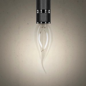 Lampadina LED E14 a forma di goccia con vetro trasparente e base nera.