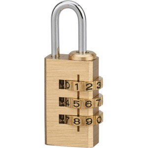 Lucchetto a combinazione color oro con tre ghiere per codici personalizzati.