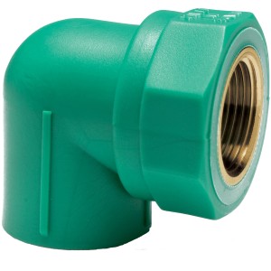 Gomito verde a 90 gradi per cassette WC con filettatura in ottone.