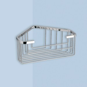 Mensola angolare in filo cromato per montaggio a parete, accessorio bagno.