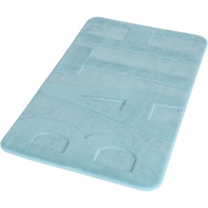 Tappeto da bagno azzurro con scritta, rettangolare.