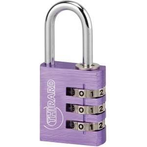 Lucchetto t.b.t. viola con combinazione numerica per maggiore sicurezza.