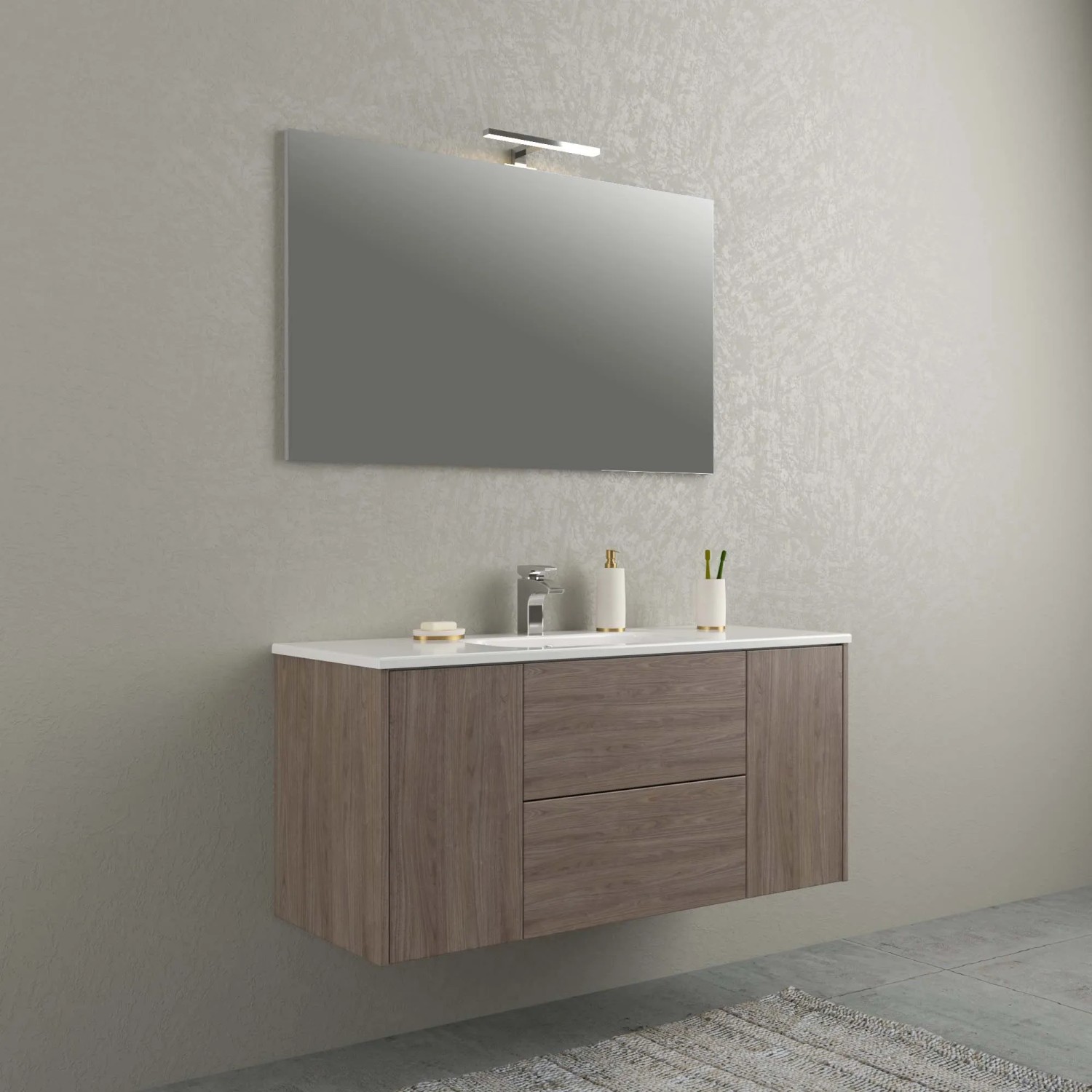 Moderno set di mobili da bagno: mobile lavabo effetto legno con specchio e illuminazione.