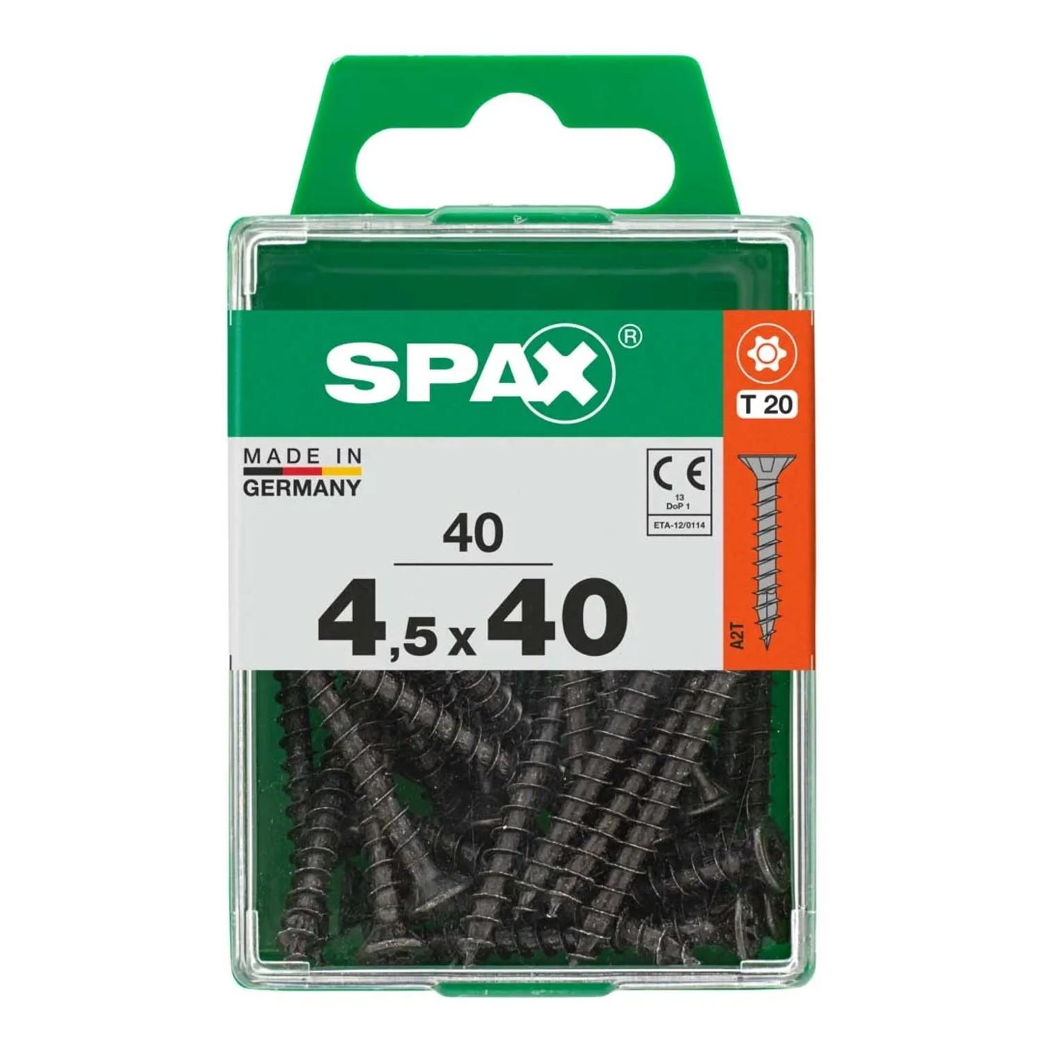 Viti universali SPAX 4,5x40 mm, Torx T20, in contenitore di plastica trasparente.