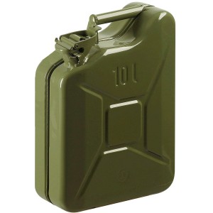 Tanica di carburante in metallo verde oliva da 10 litri per emergenze e assistenza stradale.