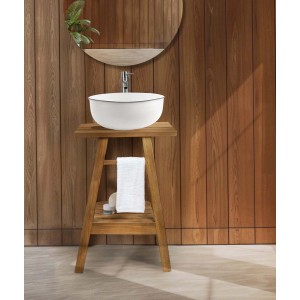 Lavabo da appoggio bianco t.b.t. su consolle in legno in bagno.