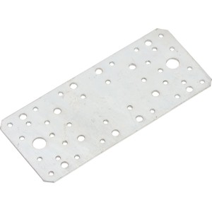 Connettore piatto zincato rettangolare (210x90mm) con fori multipli per il fissaggio.