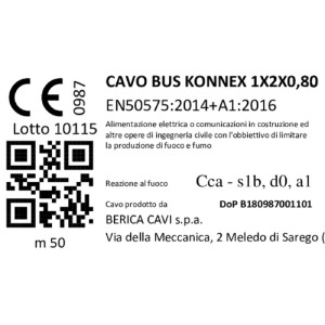 Etichetta per cavo t.b.t.: Bus Konnex 1x2x0,80. Dettagli su standard e produttore.