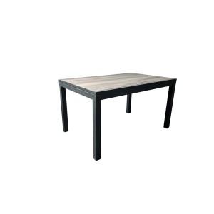 Tavolo da giardino moderno con decoro legno grigio e struttura in metallo nero.