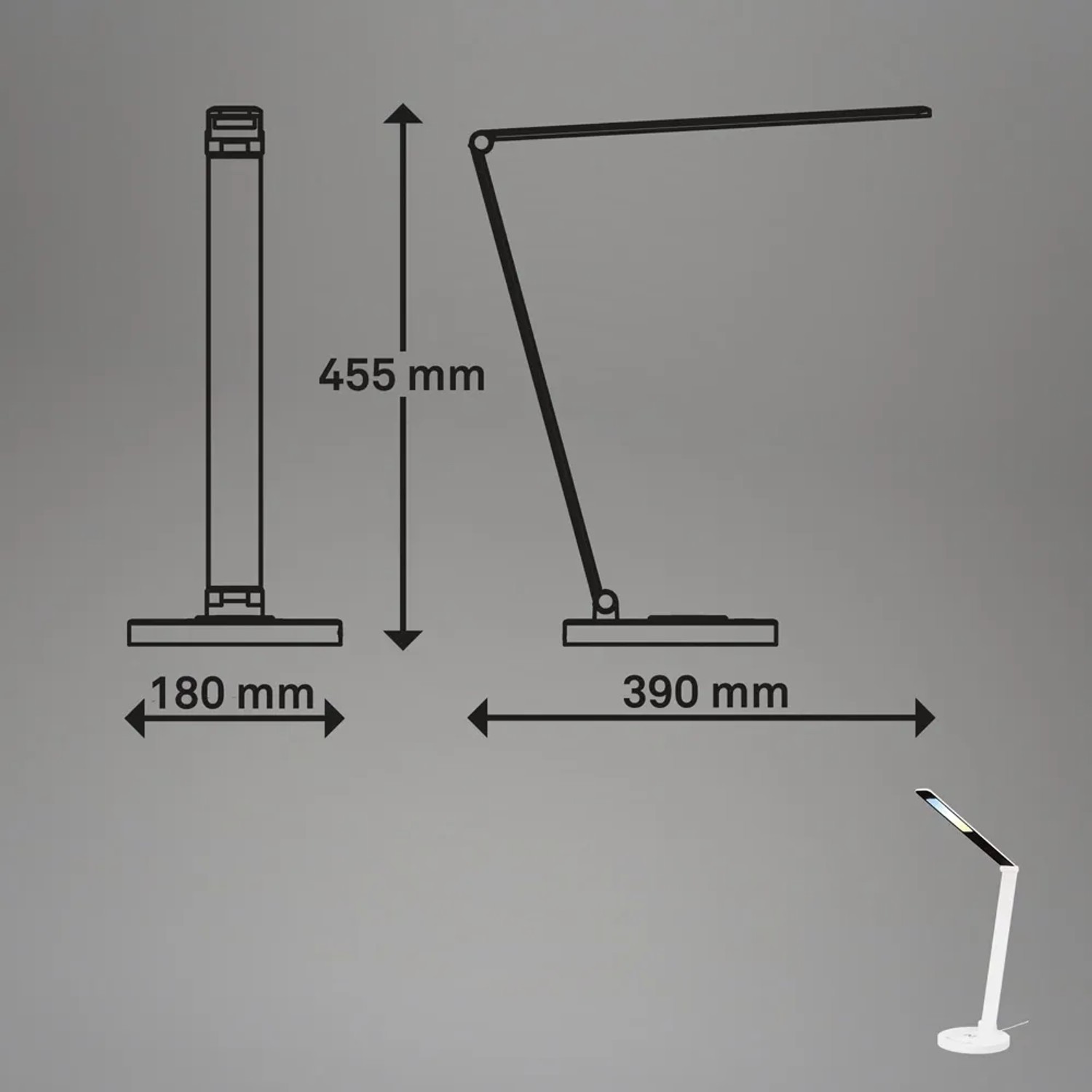 Schizzo della lampada da scrivania bianca Brilo Cuma con dimensioni, ricarica induttiva e dimmer touch.