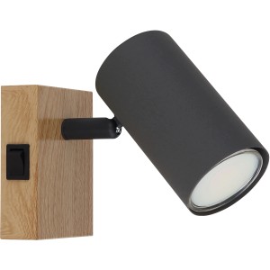 Faretto Globo Robby color grafite, 1 lampadina, con supporto a parete effetto legno. Spot moderno per lampadine GU10.