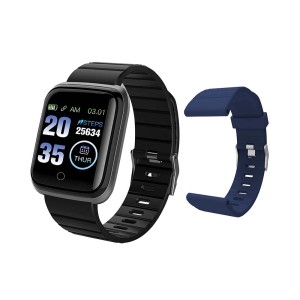 Smartwatch t.b.t. con cinturino nero e cinturino di ricambio blu.