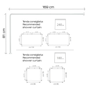 Disegno tecnico di un asta per tenda doccia t.b.t con dimensioni e dimensioni consigliate per la tenda doccia.