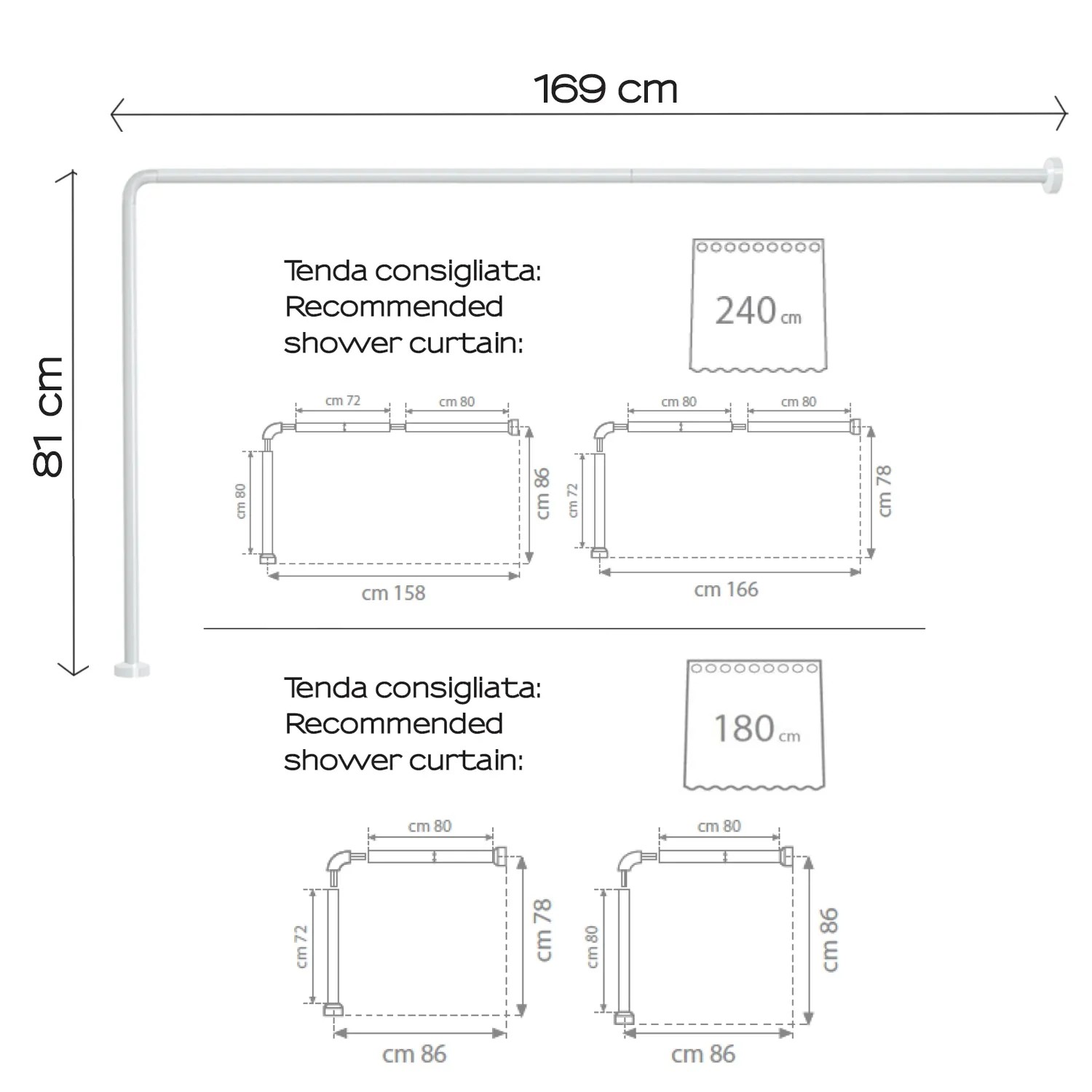Disegno tecnico di un asta per tenda doccia t.b.t con dimensioni e dimensioni consigliate per la tenda doccia.