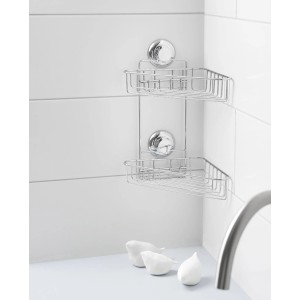 Mensola angolare cromata per accessori bagno con ventose per montaggio a parete.