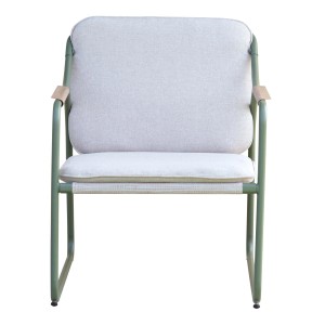 Sedia da giardino t.b.t. con cuscini chiari e struttura verde.