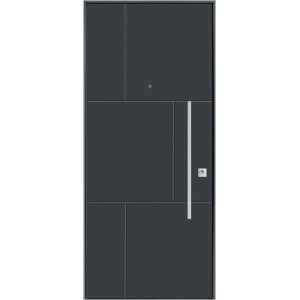 Porta blindata moderna antracite (t.b.t.) con maniglia argentata e design geometrico.