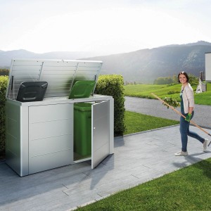 Biohort HighBoard 160 box da giardino in argento metallizzato con coperchio e porta aperti, con bidone visibile.