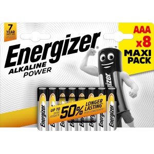 Energizer Alkaline Power AAA batterie, confezione da 8. Energia affidabile per dispositivi di uso quotidiano.