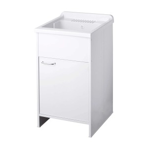 Mobile lavatoio bianco con anta per lavanderia o cantina.