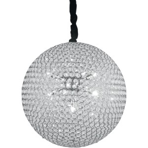 Lampada a sospensione t.b.t., sferica con decorazioni in cristallo trasparente.
