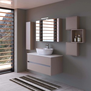 Set di mobili da bagno moderni color tortora con lavabo, specchiera e mensole.