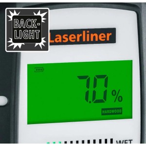 Display del misuratore di umidità Laserliner che mostra uno schermo verde e 70% di umidità del legno.