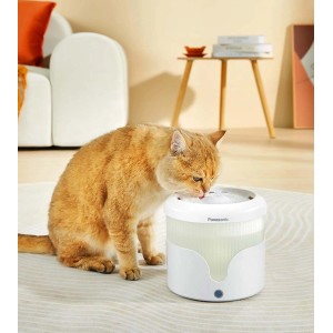 Gatto beve da una fontanella d'acqua bianca e rotonda per gatti.