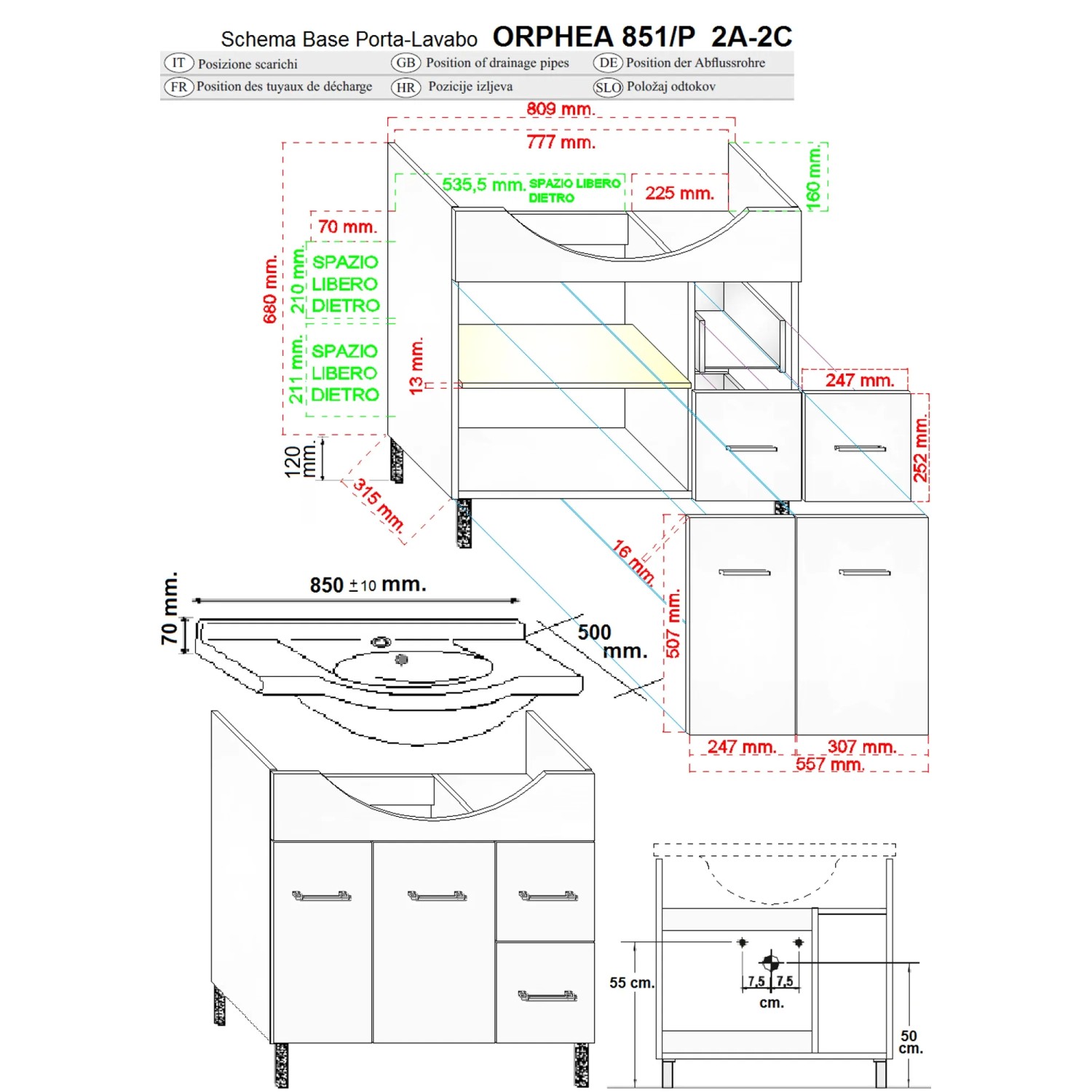 Disegno tecnico: mobile bagno t.b.t. con dimensioni e dettagli per l'installazione.