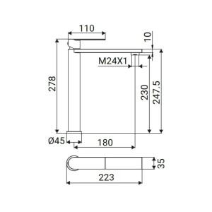 Disegno tecnico del miscelatore per lavabo t.b.t. con dimensioni.