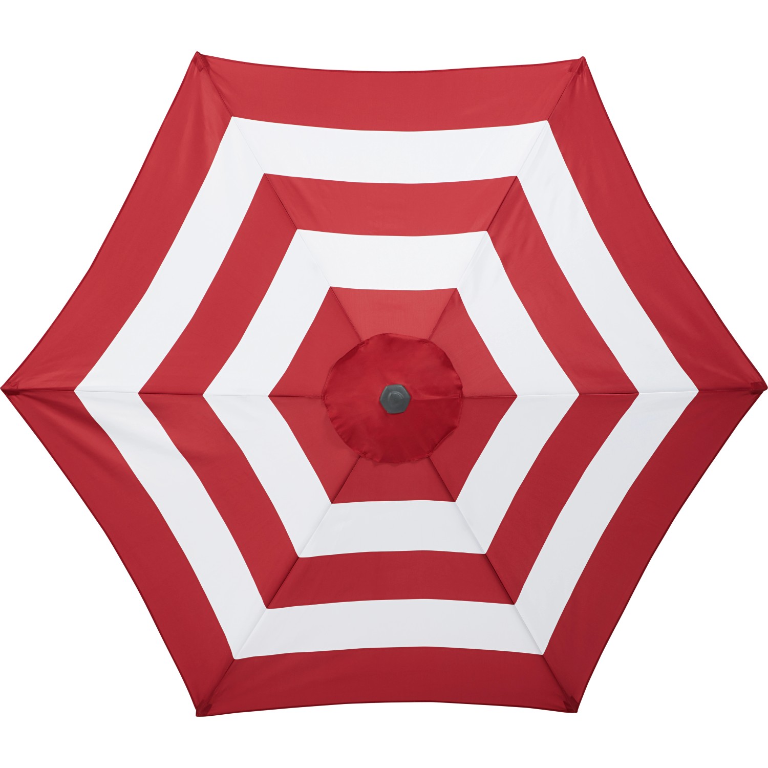 Ombrellone da mercato Honolulu, Ø 300 cm, a righe bianche e rosse, visto dal basso.