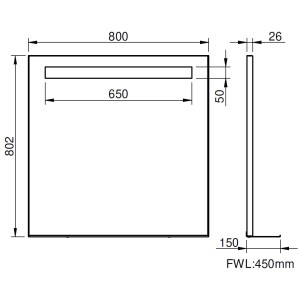 Disegno tecnico dello specchio da parete t.b.t. con dimensioni.