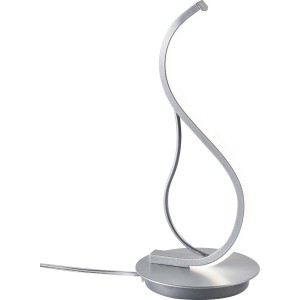 Moderna lampada da scrivania a LED argentata con design curvo.