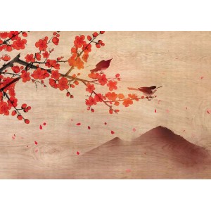 Quadri: Ramo con fiori rossi e uccelli su sfondo montano su struttura in legno.