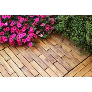 Piastrelle in legno marrone posate con fiori rosa e piante verdi.