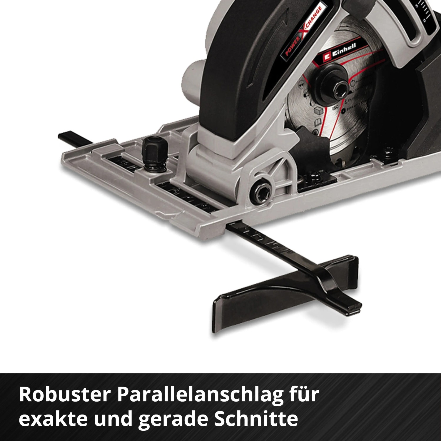 Mini sega circolare a batteria Einhell Power X-Change TE-CS 18/89 Li Solo con guida parallela per tagli precisi.