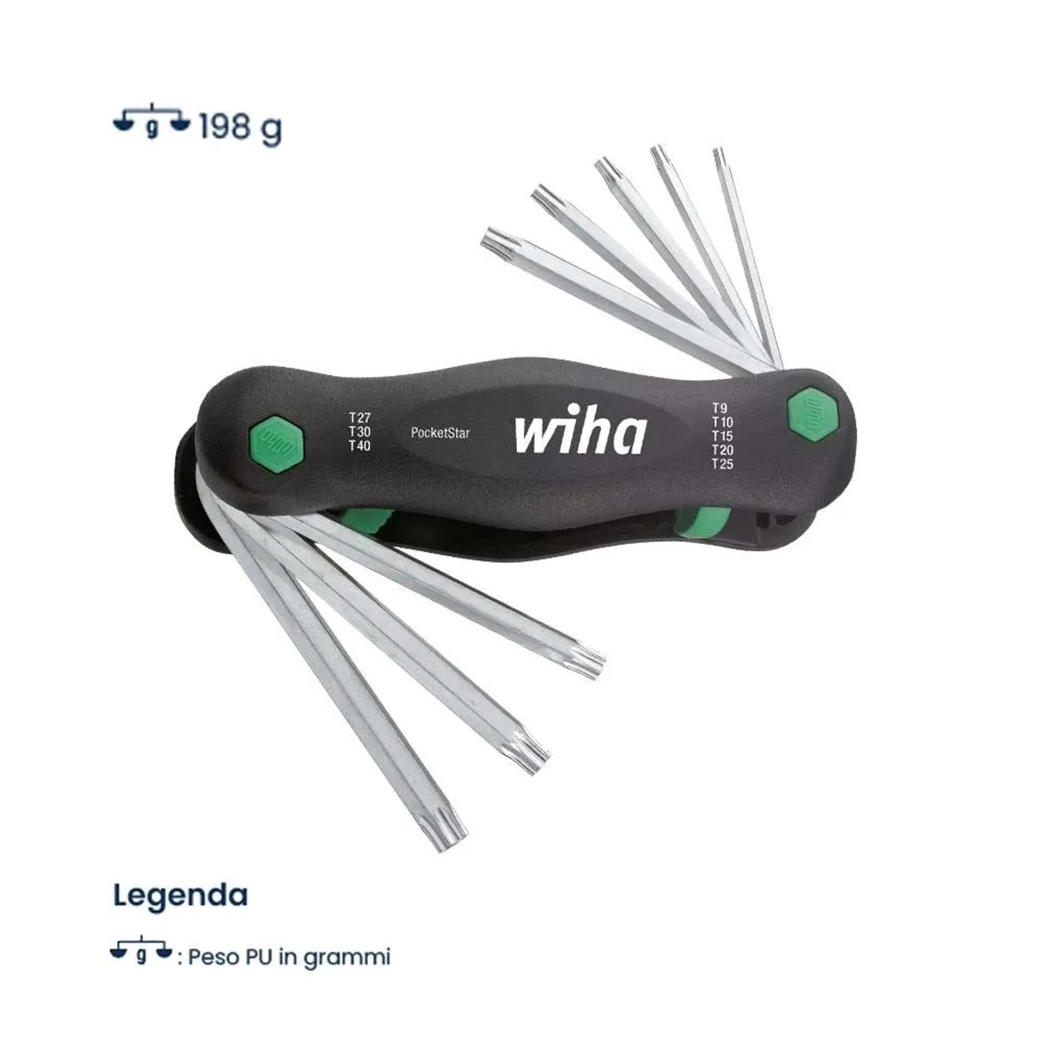 Set chiavi Torx Wiha PocketStar, nero-verde, con chiavi T9-T40. Pratico set di attrezzi.