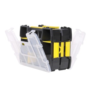 Stanley Sortmaster confezione doppia: Organizer impilabile con 10 scomparti, nero/giallo, aperto.