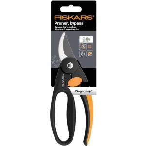 Forbici da giardino bypass Fiskars Elegance P44, cesoie con manico nero e dettagli arancioni.