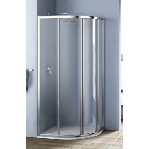 Box doccia semicircolare t.b.t. con telaio argento e vetro trasparente.