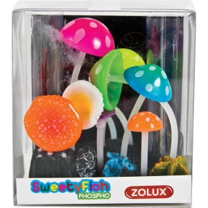 Decorazioni colorate a forma di fungo per acquario.