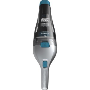 Black+Decker NVC215WA aspirapolvere portatile a batteria, argento/blu, con contenitore polvere trasparente.