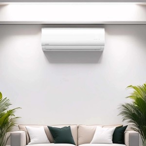 Condizionatore bianco t.b.t. montato a parete sopra un divano.