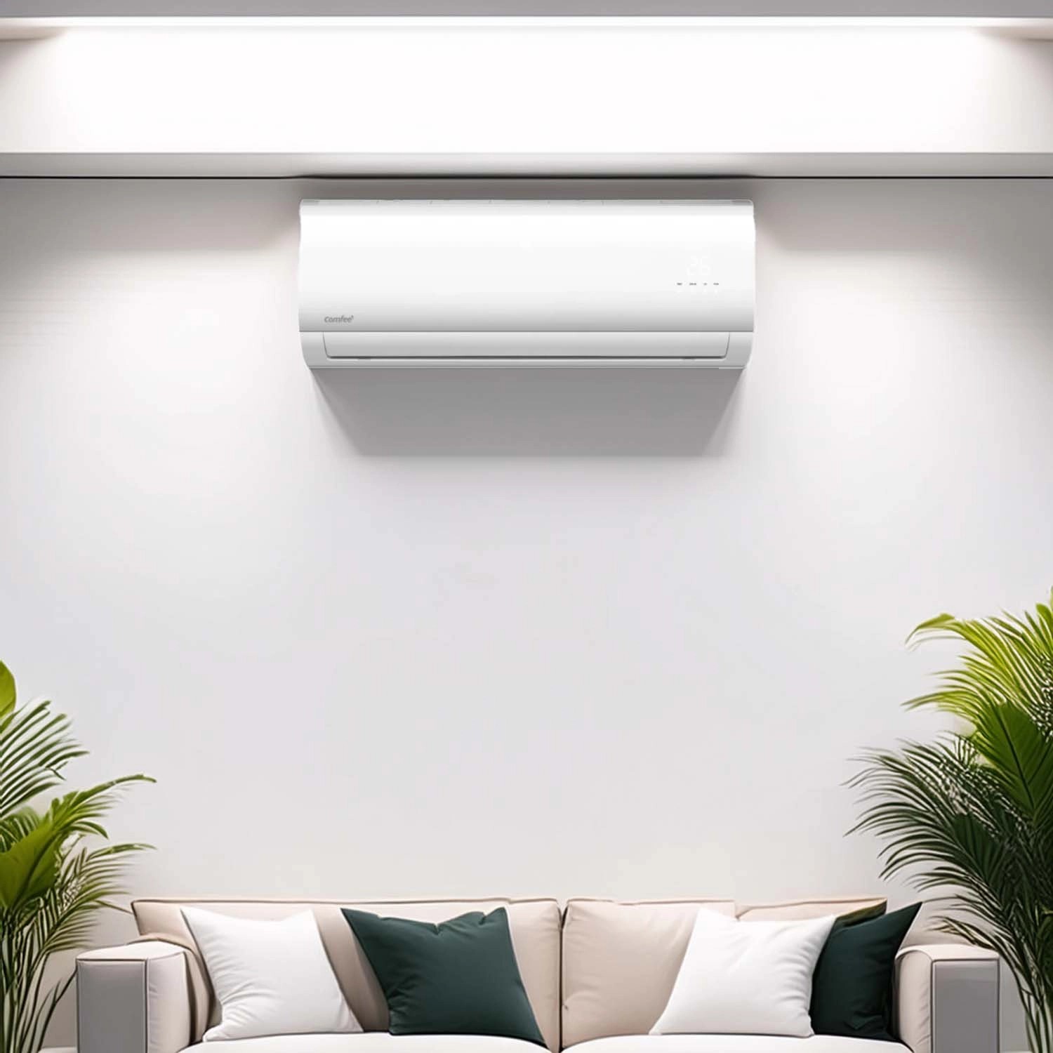 Condizionatore bianco t.b.t. montato a parete sopra un divano.
