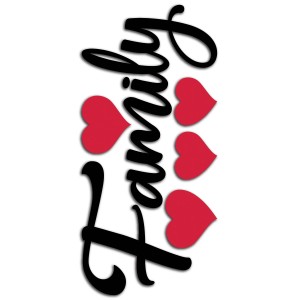 Scritta nera "Family" con cuori rossi, adesivo da parete.